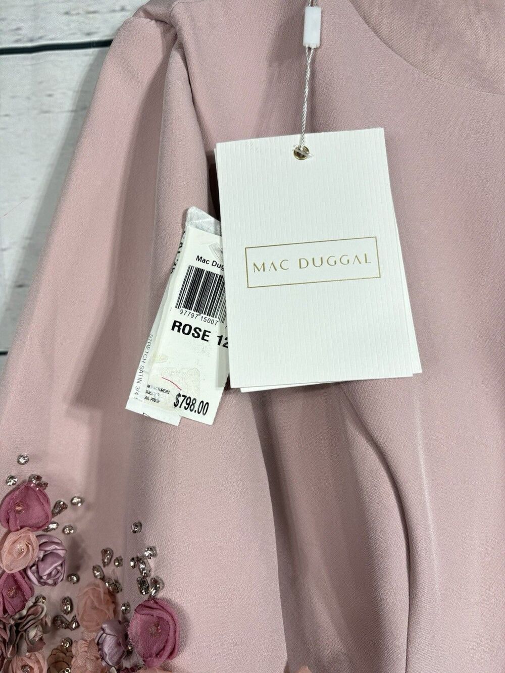 Mac Duggal 11854 Pink Crepe 3/4 Sleeve A-line Gown With Flower Trim Sz 12 NWT - Picture 3 of 14